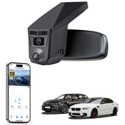 Mangoal rearview mirror built-in dash cam with smartphone app control, 4K Ultra HD recording, GPS tracking, and BMW 5 Series Gen6 models in the background.