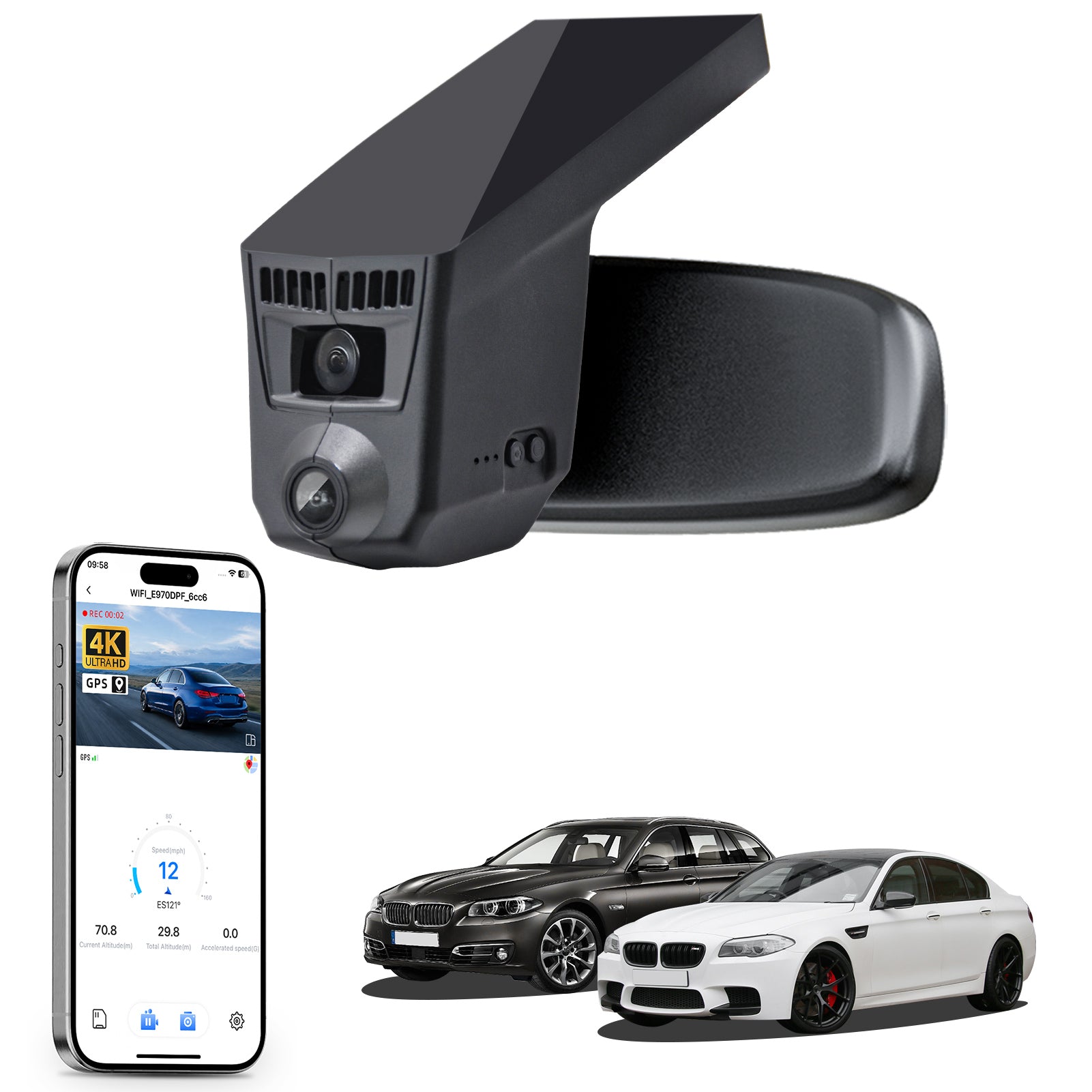 Mangoal rearview mirror built-in dash cam with smartphone app control, 4K Ultra HD recording, GPS tracking, and BMW 5 Series Gen6 models in the background.
