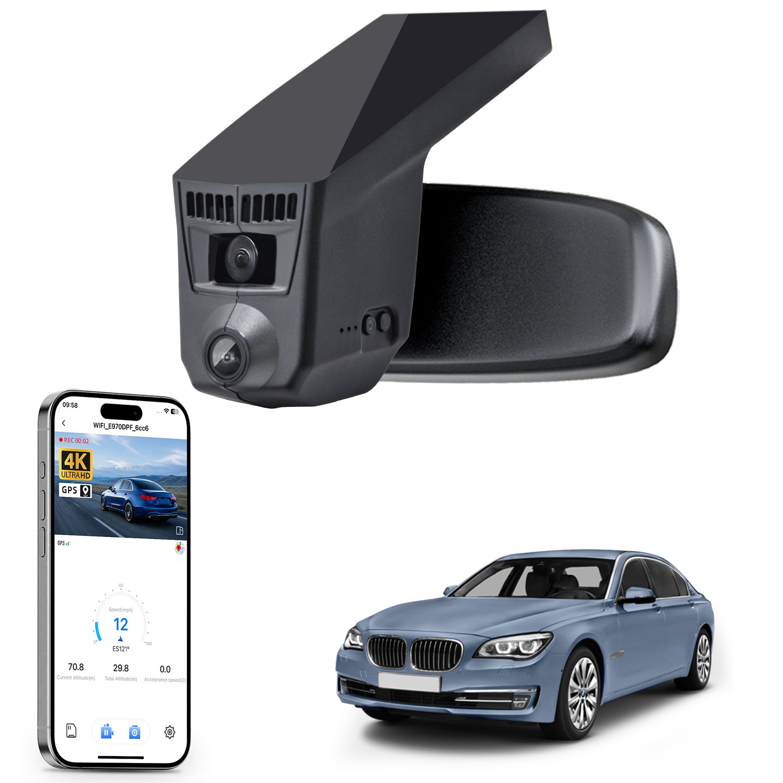 Mangoal rearview mirror built-in dash cam with smartphone app control, 4K Ultra HD recording, GPS tracking, and BMW 7 Series Gen5 models in the background.