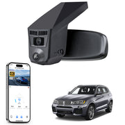 Mangoal rearview mirror built-in dash cam with smartphone app control, 4K Ultra HD recording, GPS tracking, and BMW X3 Gen2 models in the background.