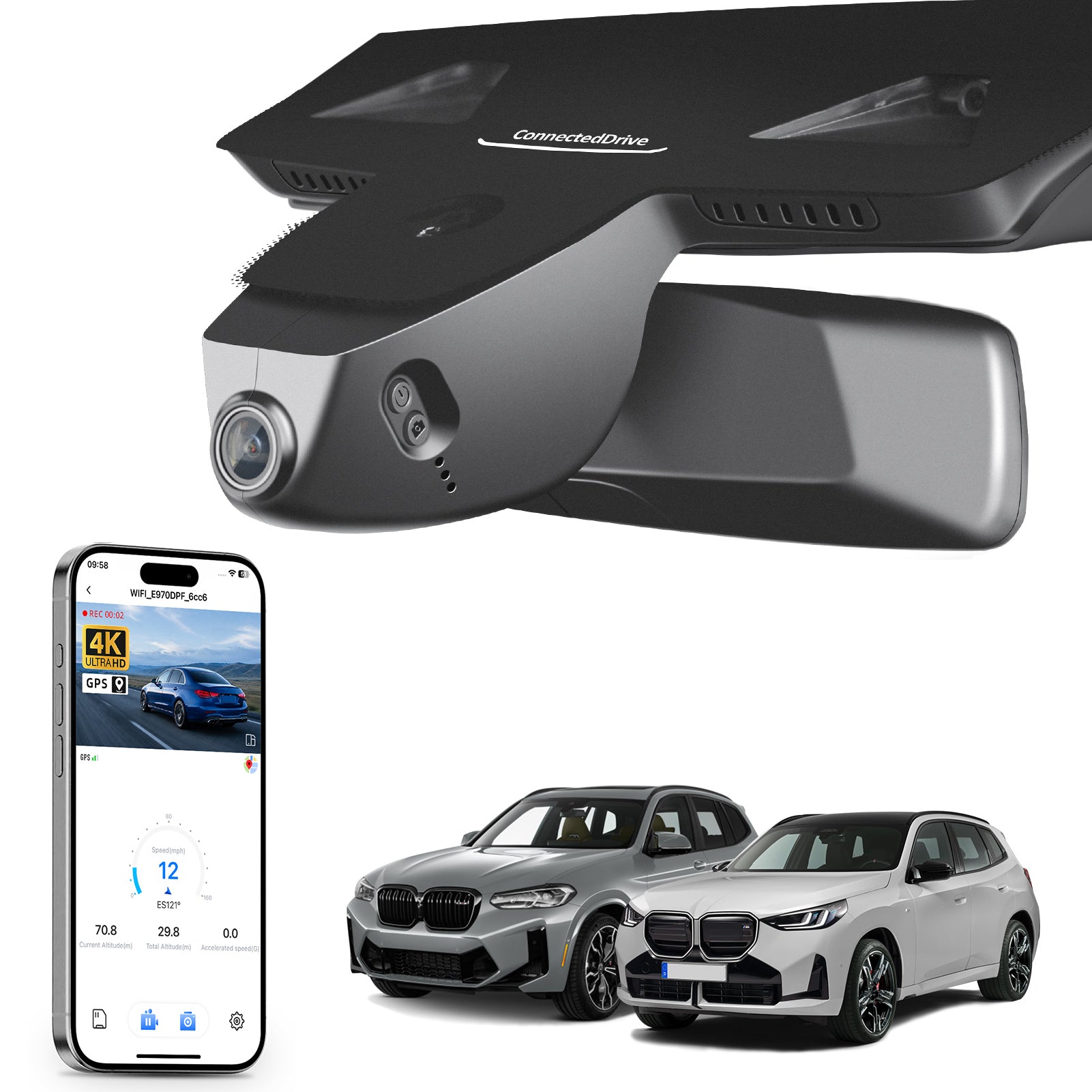 Mangoal rearview mirror built-in dash cam with smartphone app control, 4K Ultra HD recording, GPS tracking, and BMW X3 Gen3 models in the background.