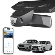 Mangoal rearview mirror built-in dash cam with smartphone app control, 4K Ultra HD recording, GPS tracking, and BMW X3 Gen3 models in the background.