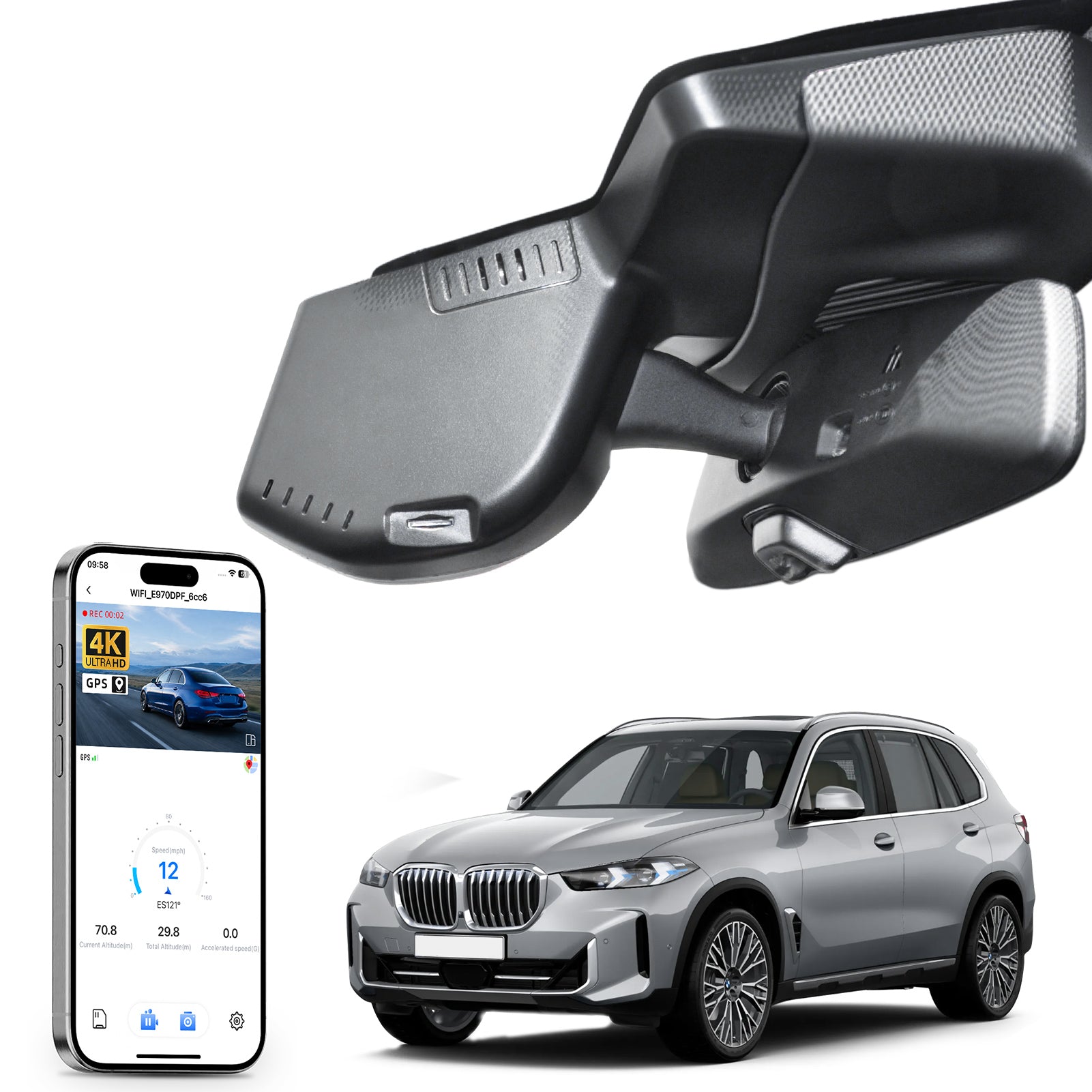 Mangoal rearview mirror built-in dash cam with smartphone app control, 4K Ultra HD recording, GPS tracking, and BMW X5 Gen4 models in the background.
