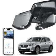 Mangoal rearview mirror built-in dash cam with smartphone app control, 4K Ultra HD recording, GPS tracking, and BMW X5 Gen4 models in the background.