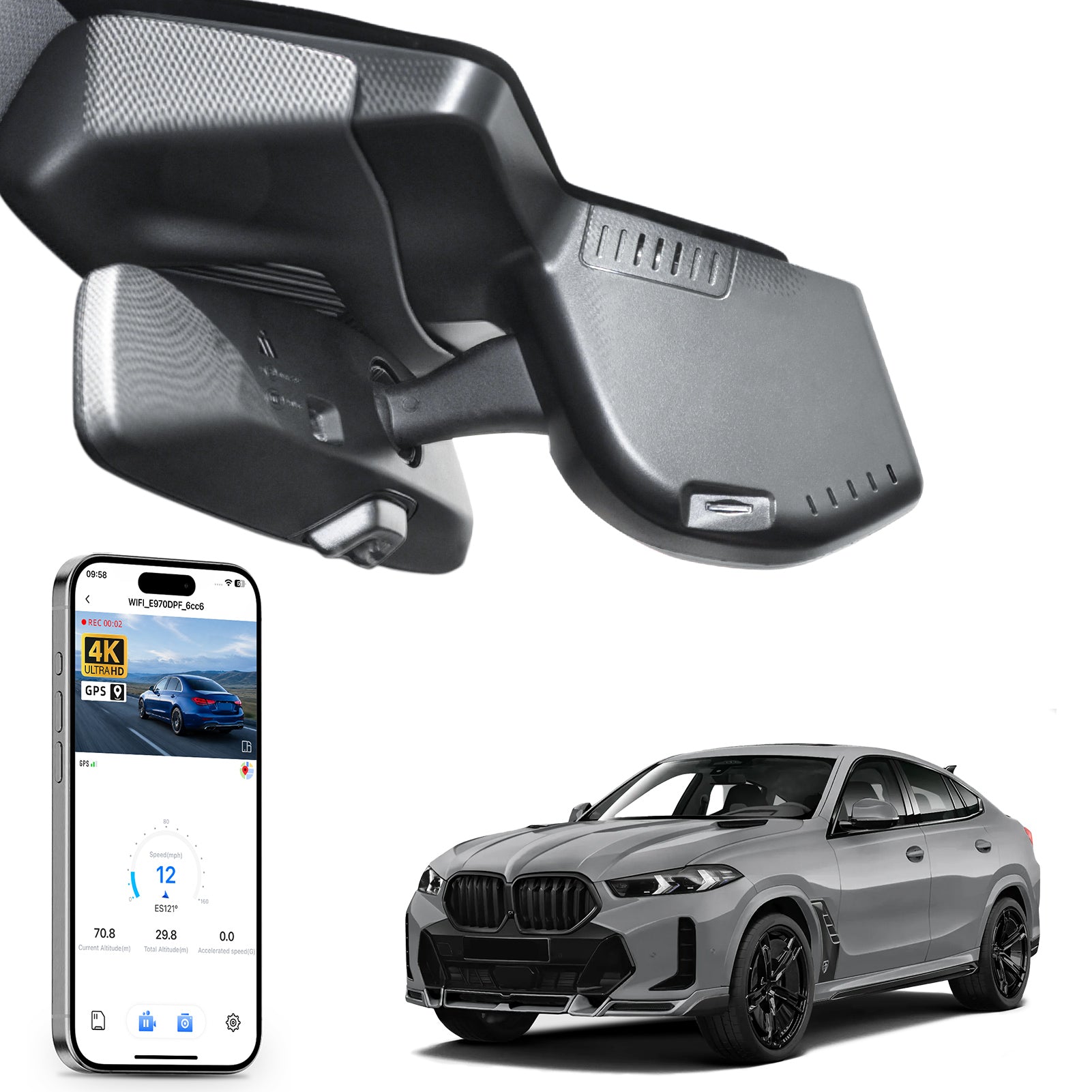 Mangoal rearview mirror built-in dash cam with smartphone app control, 4K Ultra HD recording, GPS tracking, and BMW X6 Gen3 models in the background.