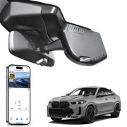 Mangoal rearview mirror built-in dash cam with smartphone app control, 4K Ultra HD recording, GPS tracking, and BMW X6 Gen3 models in the background.