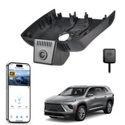 Mangoal rearview mirror built-in dash cam with smartphone app control, 4K Ultra HD recording, GPS tracking, and Buick Enclave models in the background.