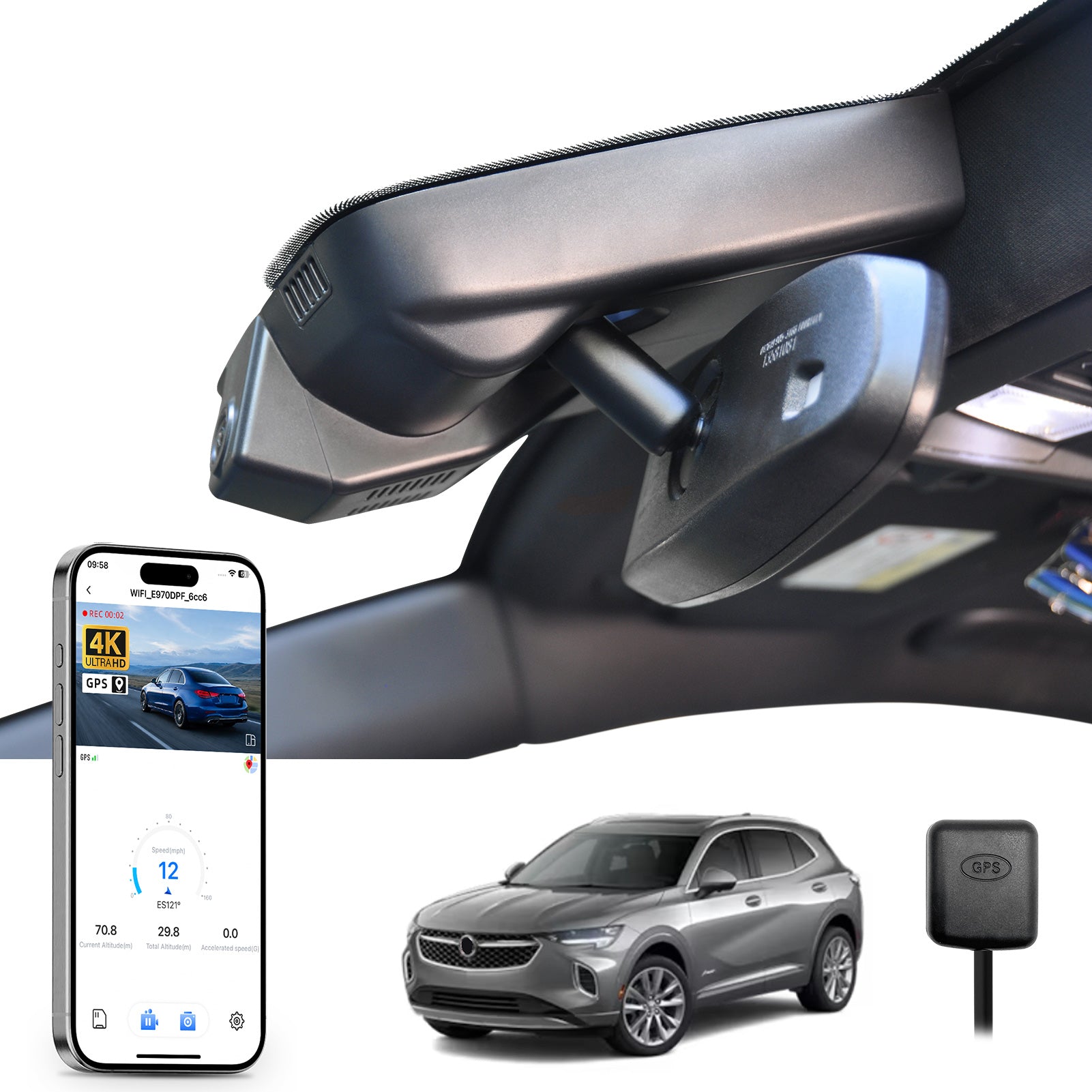 Mangoal rearview mirror built-in dash cam with smartphone app control, 4K Ultra HD recording, GPS tracking, and Buick Envision models in the background.