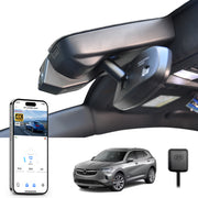 Mangoal rearview mirror built-in dash cam with smartphone app control, 4K Ultra HD recording, GPS tracking, and Buick Envision models in the background.
