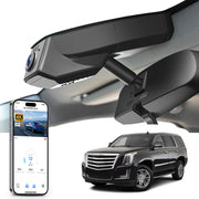 
Mangoal rearview mirror built-in dash cam with smartphone app control, 4K Ultra HD recording, GPS tracking, and Cadillac Escalade SUV models in the background.