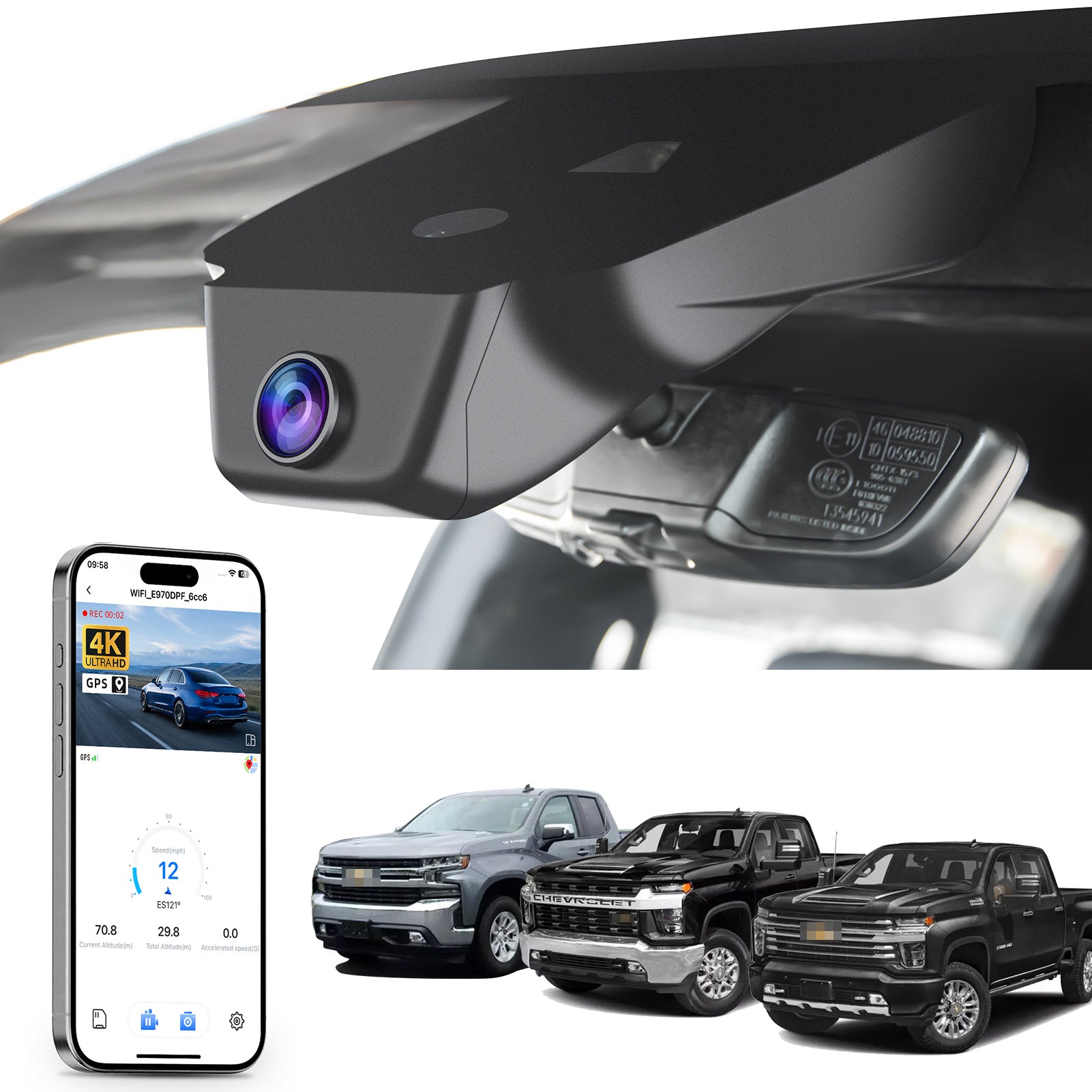 Mangoal rearview mirror built-in dash cam with smartphone app control, 4K Ultra HD recording, GPS tracking, and Chevy Silverado models in the background.
