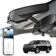 Mangoal rearview mirror built-in dash cam with smartphone app control, 4K Ultra HD recording, GPS tracking, and Chevy Suburban Tahoe models in the background.