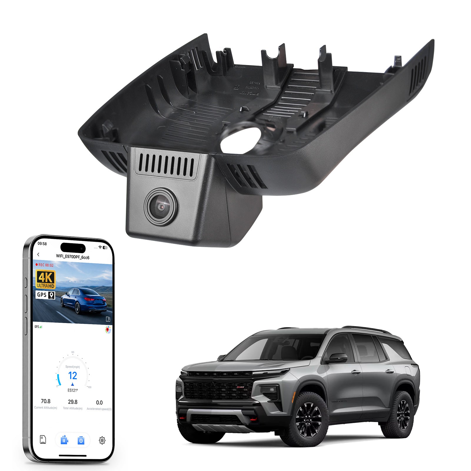 Mangoal rearview mirror built-in dash cam with smartphone app control, 4K Ultra HD recording, GPS tracking, and Chevy Traverse models in the background.