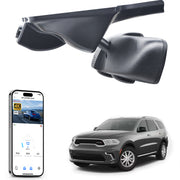 Mangoal rearview mirror built-in dash cam with smartphone app control, 4K Ultra HD recording, GPS tracking, and Dodge Durango models in the background.