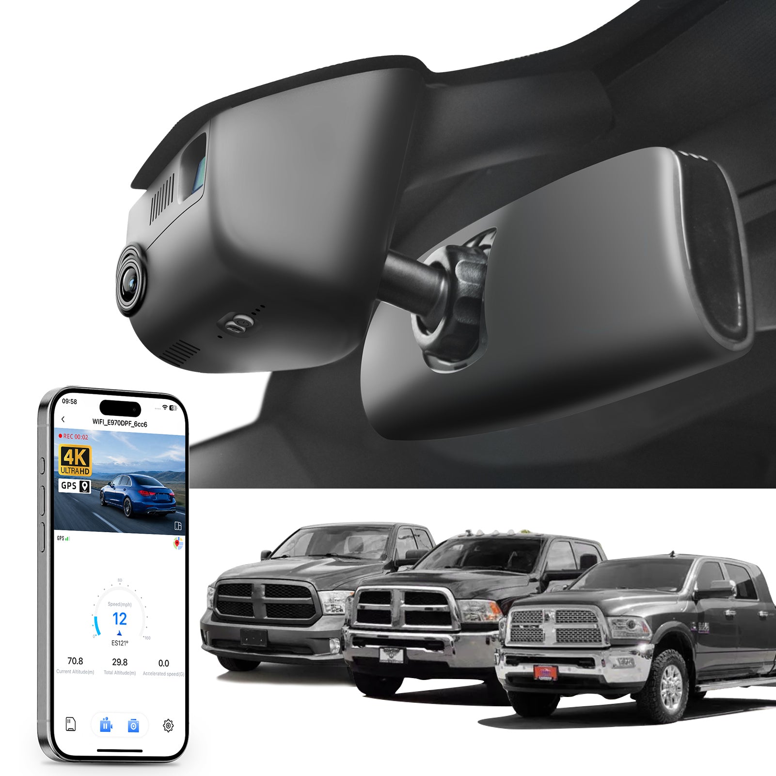 Mangoal rearview mirror built-in dash cam with smartphone app control, 4K Ultra HD recording, GPS tracking, and Dodge RAM models in the background.