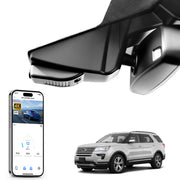 Mangoal rearview mirror built-in dash cam with smartphone app control, 4K Ultra HD recording, GPS tracking, and Ford Explorer models in the background.