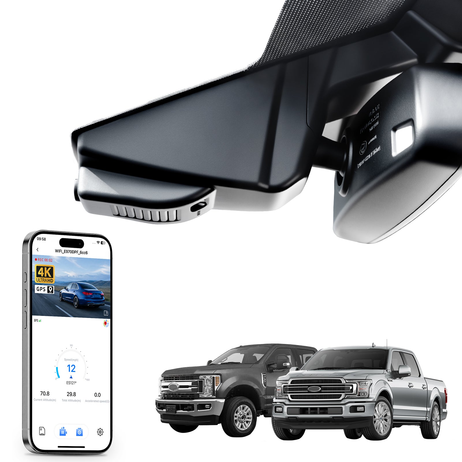 
Mangoal rearview mirror built-in dash cam with smartphone app control, 4K Ultra HD recording, GPS tracking, and Ford F Series models in the background.