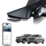 
Mangoal rearview mirror built-in dash cam with smartphone app control, 4K Ultra HD recording, GPS tracking, and Ford F Series models in the background.