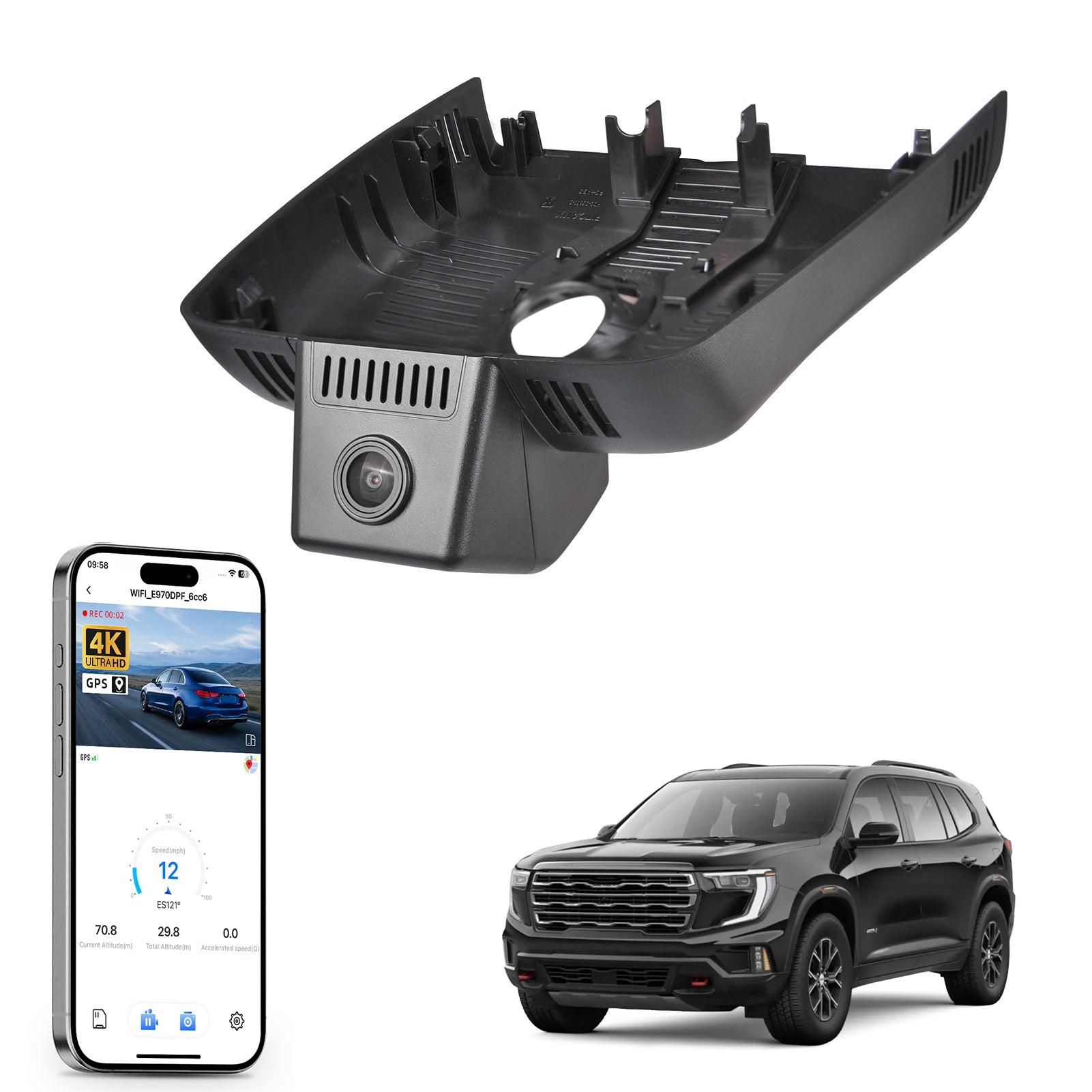 Mangoal rearview mirror built-in dash cam with smartphone app control, 4K Ultra HD recording, GPS tracking, and GMC Acadia models in the background.
