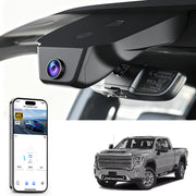 
Mangoal rearview mirror built-in dash cam with smartphone app control, 4K Ultra HD recording, GPS tracking, and GMC Sierra models in the background.
