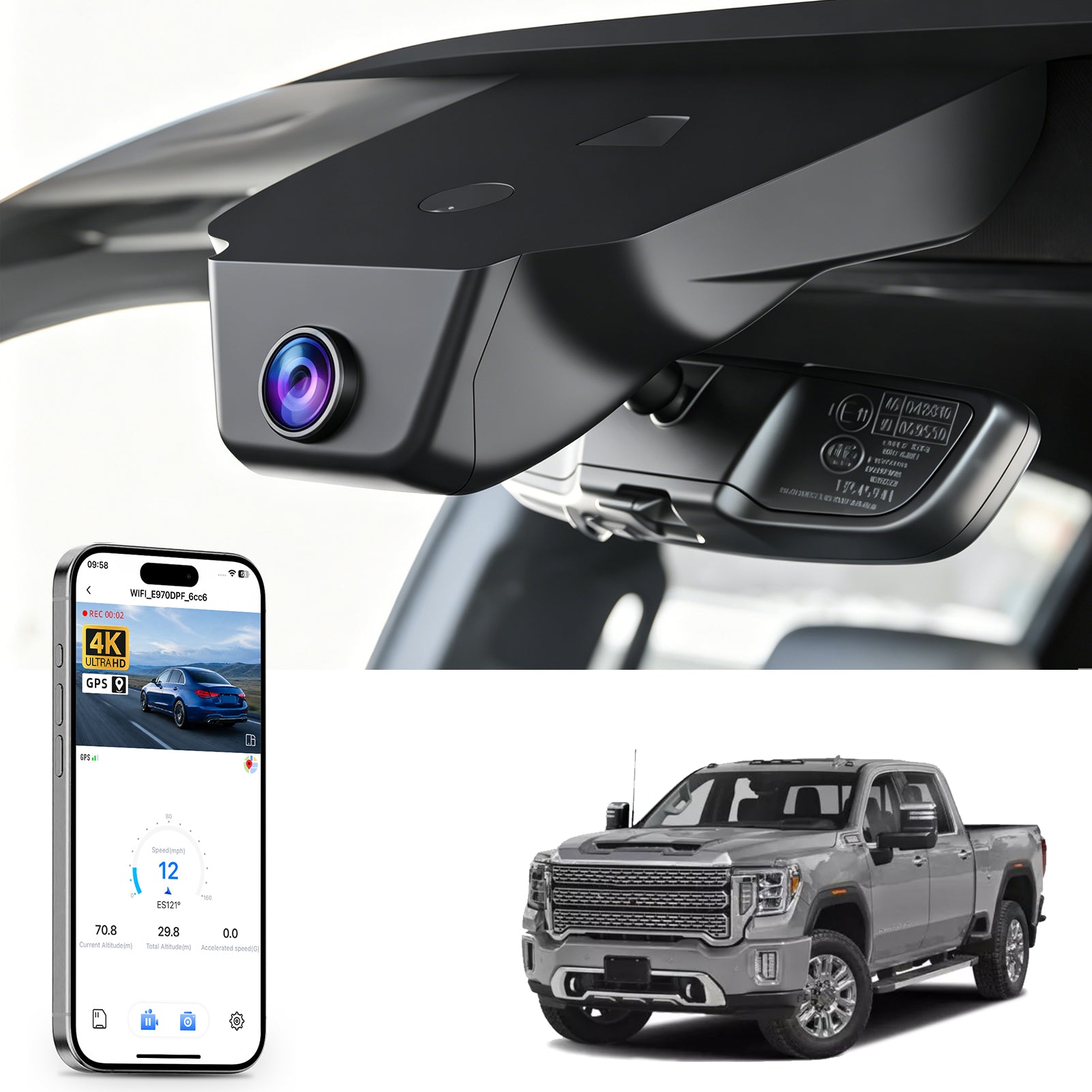 
Mangoal rearview mirror built-in dash cam with smartphone app control, 4K Ultra HD recording, GPS tracking, and GMC Sierra models in the background.