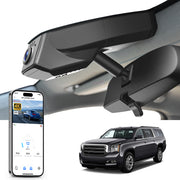 
Mangoal rearview mirror built-in dash cam with smartphone app control, 4K Ultra HD recording, GPS tracking, and GMC Yukon models in the background.