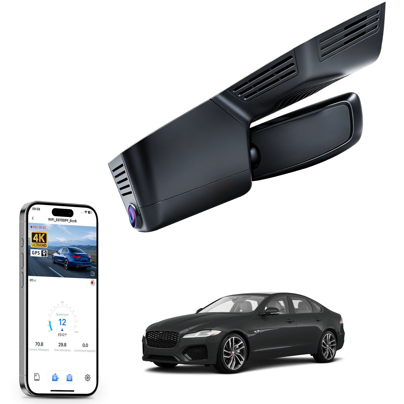 Mangoal rearview mirror built-in dash cam with smartphone app control, 4K Ultra HD recording, GPS tracking and Jaguar XF models in the background.