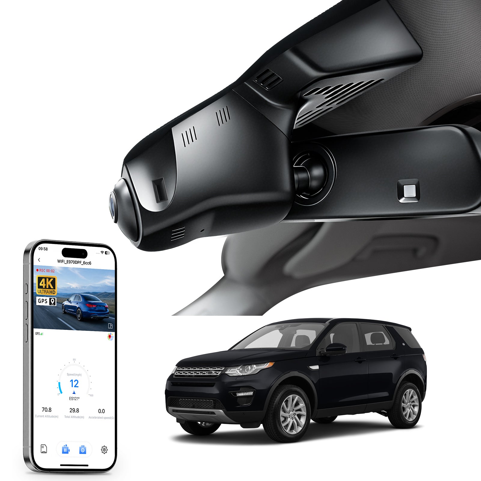 Mangoal rearview mirror built-in dash cam with smartphone app control, 4K Ultra HD recording, GPS tracking, and Land Rover Discovery Sport models in the background.