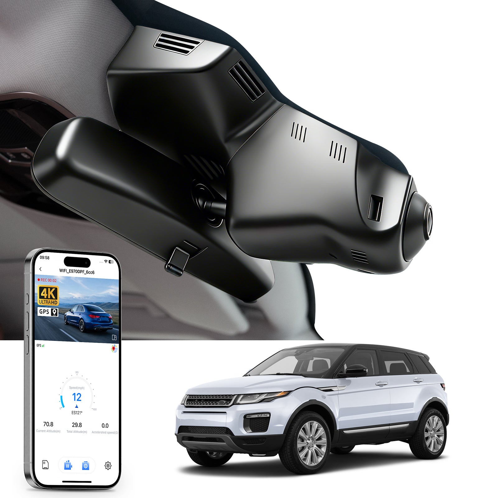 Mangoal rearview mirror built-in dash cam with smartphone app control, 4K Ultra HD recording, GPS tracking and Land Land Rover Range Rover Evoque models in the background.