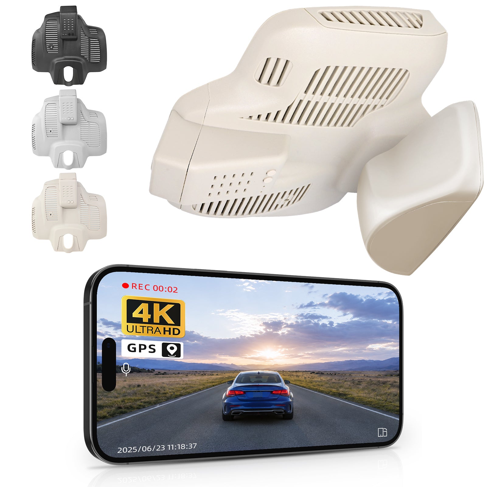 Mangoal rearview mirror built-in dash cam with smartphone app control, 4K Ultra HD recording, GPS tracking, and Mercedes-Benz E-Class models in the background.