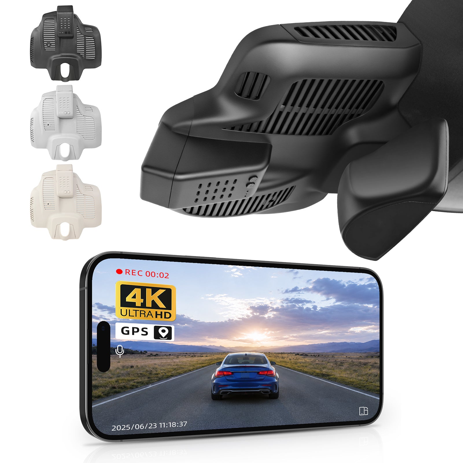 Mangoal rearview mirror built-in dash cam with smartphone app control, 4K Ultra HD recording, GPS tracking, and Mercedes-Benz E-Class models in the background.