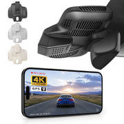 Mangoal rearview mirror built-in dash cam with smartphone app control, 4K Ultra HD recording, GPS tracking, and Mercedes-Benz E-Class models in the background.