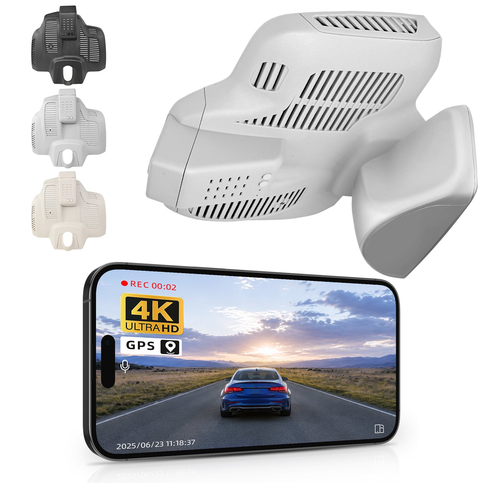 Mangoal rearview mirror built-in dash cam with smartphone app control, 4K Ultra HD recording, GPS tracking, and Mercedes-Benz E-Class models in the background.