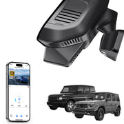 Mangoal rearview mirror built-in dash cam with smartphone app control, 4K Ultra HD recording, GPS tracking, and Mercedes-Benz G-Class models in the background.