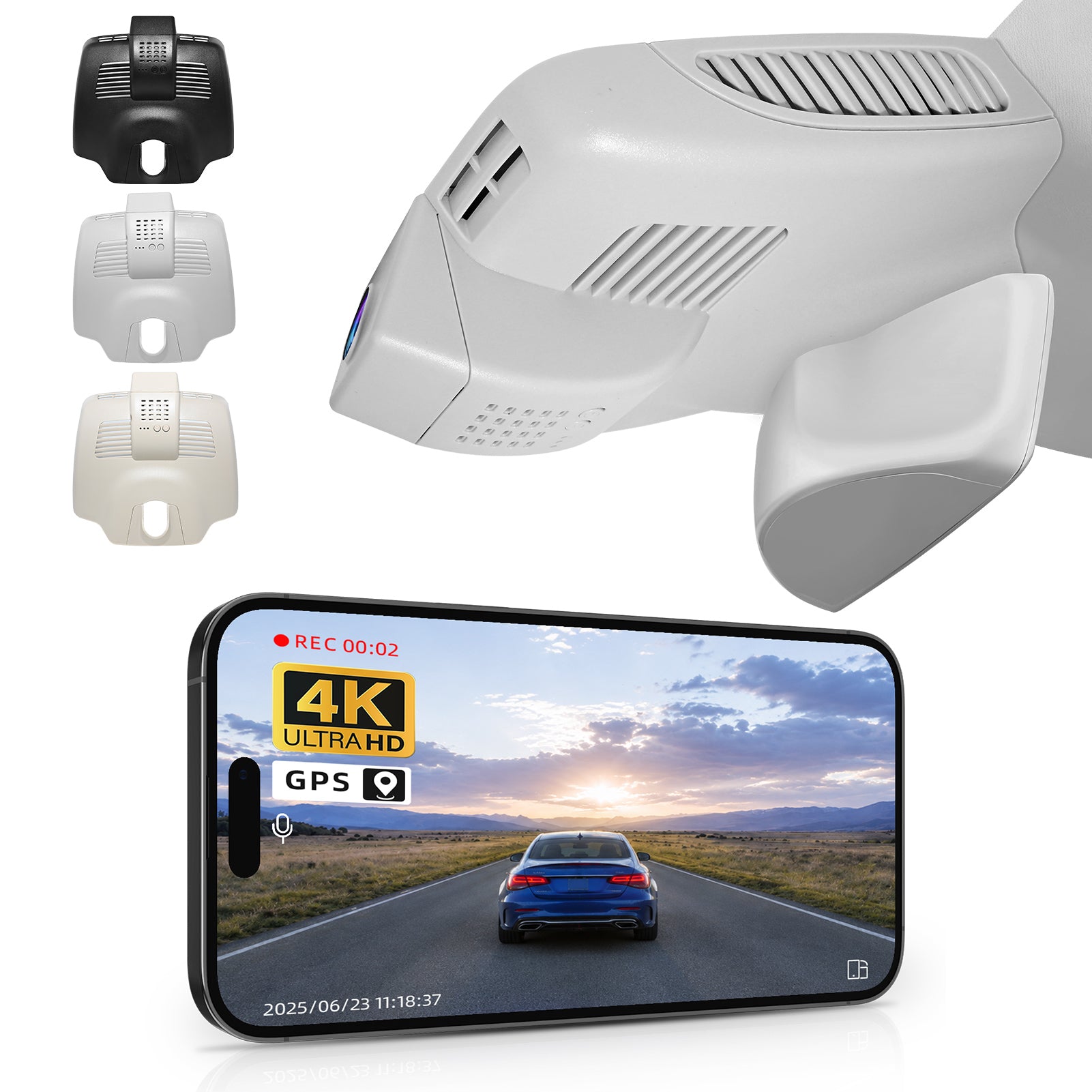 Mangoal rearview mirror built-in dash cam with smartphone app control, 4K Ultra HD recording, GPS tracking, and Mercedes-Benz GLC Gen1 models in the background.