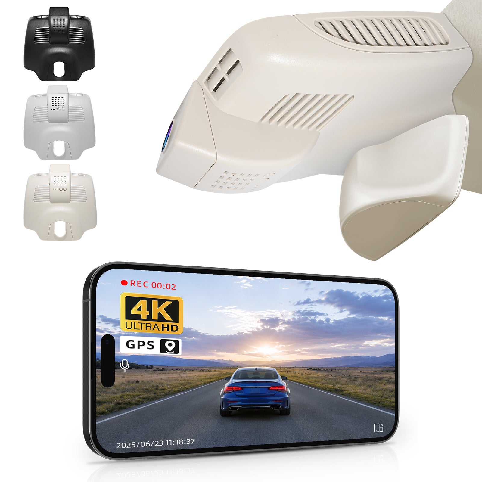 Mangoal rearview mirror built-in dash cam with smartphone app control, 4K Ultra HD recording, GPS tracking, and Mercedes-Benz GLC Gen1 models in the background.