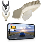 Mangoal rearview mirror built-in dash cam with smartphone app control, 4K Ultra HD recording, GPS tracking, and Mercedes-Benz GLE models in the background.