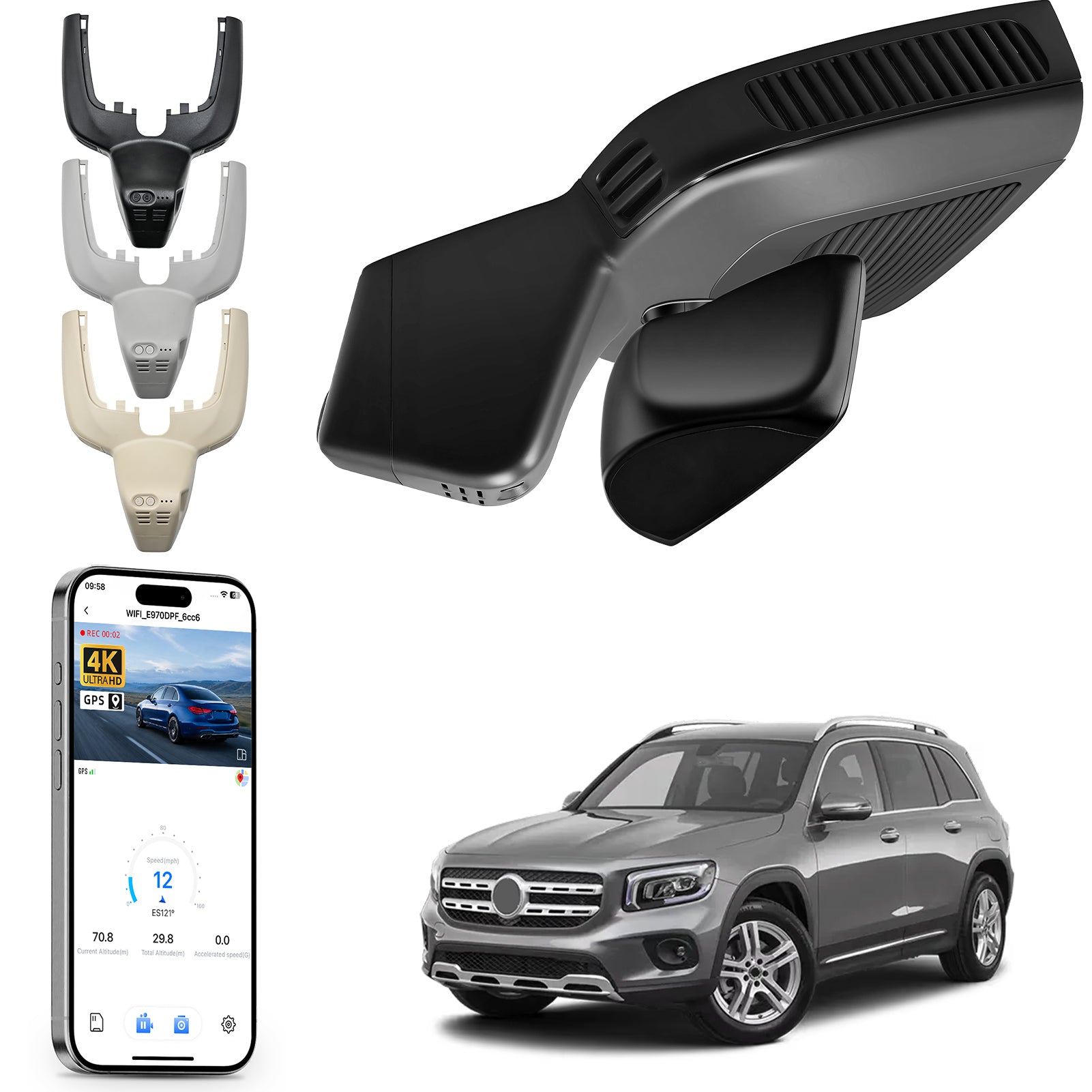 Mangoal rearview mirror built-in dash cam with smartphone app control, 4K Ultra HD recording, GPS tracking, and Mercedes-Benz GLE models in the background.