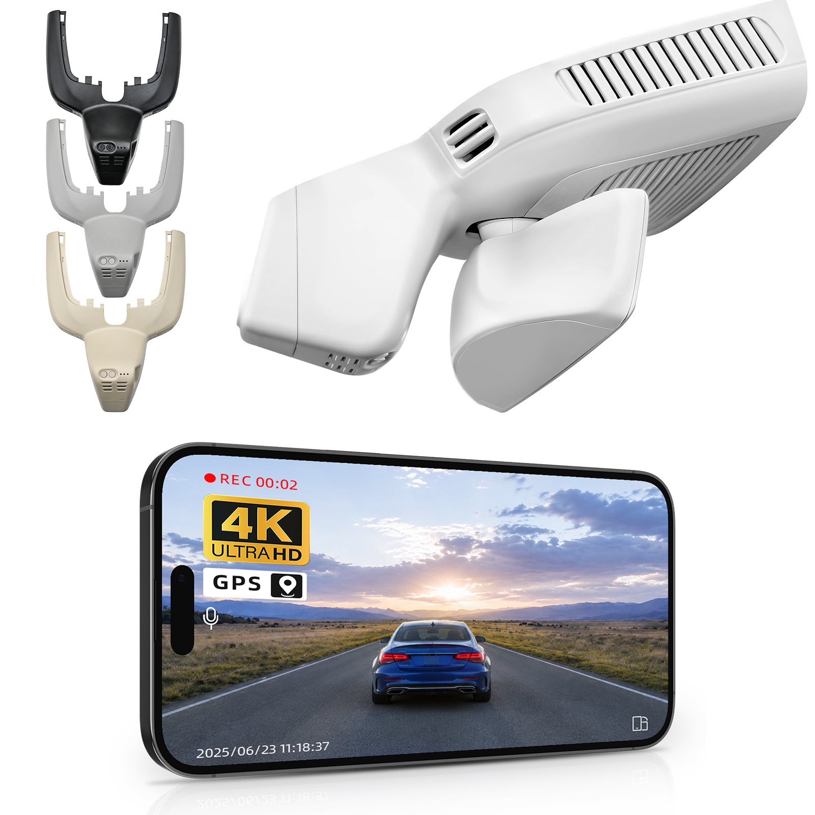 Mangoal rearview mirror built-in dash cam with smartphone app control, 4K Ultra HD recording, GPS tracking, and Mercedes-Benz GLE models in the background.
