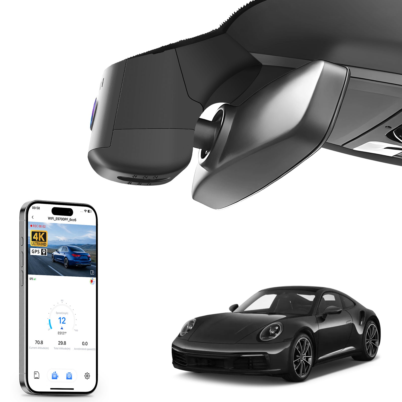 Mangoal rearview mirror built-in dash cam with smartphone app control, 4K Ultra HD recording, GPS tracking, and Porsche models in the background.