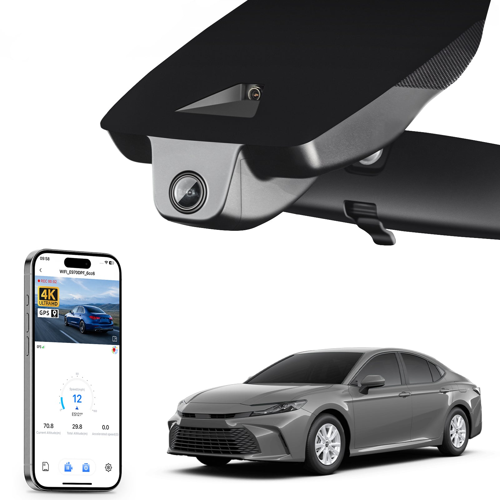 Mangoal rearview mirror built-in dash cam with smartphone app control, 4K Ultra HD recording, GPS tracking, and Toyota Camry models in the background.