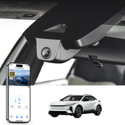 Mangoal rearview mirror built-in dash cam with smartphone app control, 4K Ultra HD recording, GPS tracking and  Toyota C-HR models in the background.