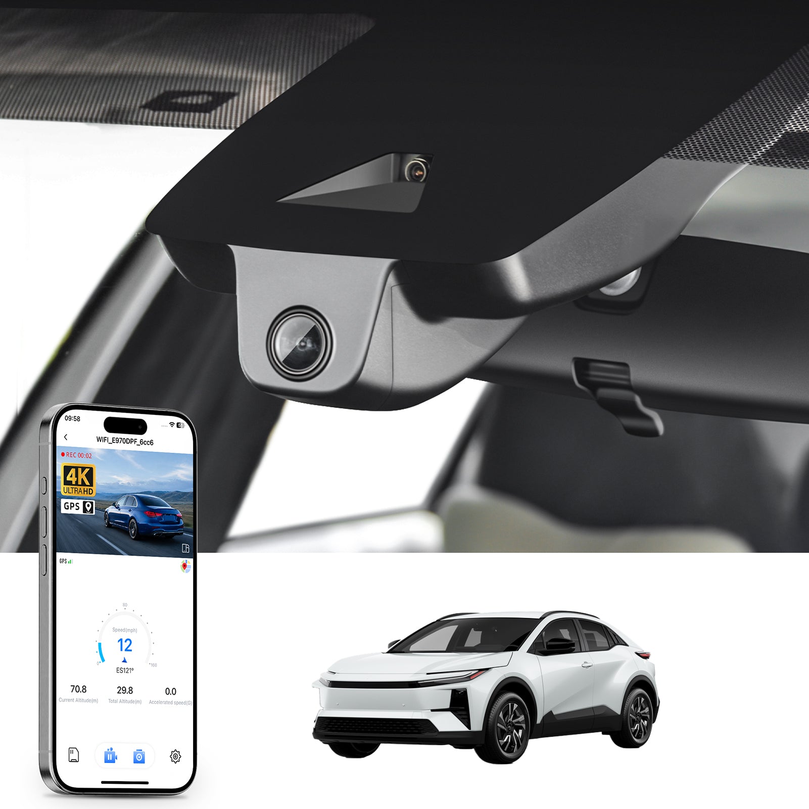 Mangoal rearview mirror built-in dash cam with smartphone app control, 4K Ultra HD recording, GPS tracking and  Toyota C-HR models in the background.