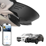 Mangoal rearview mirror built-in dash cam with smartphone app control, 4K Ultra HD recording, GPS tracking, and Volvo XC60 models in the background.