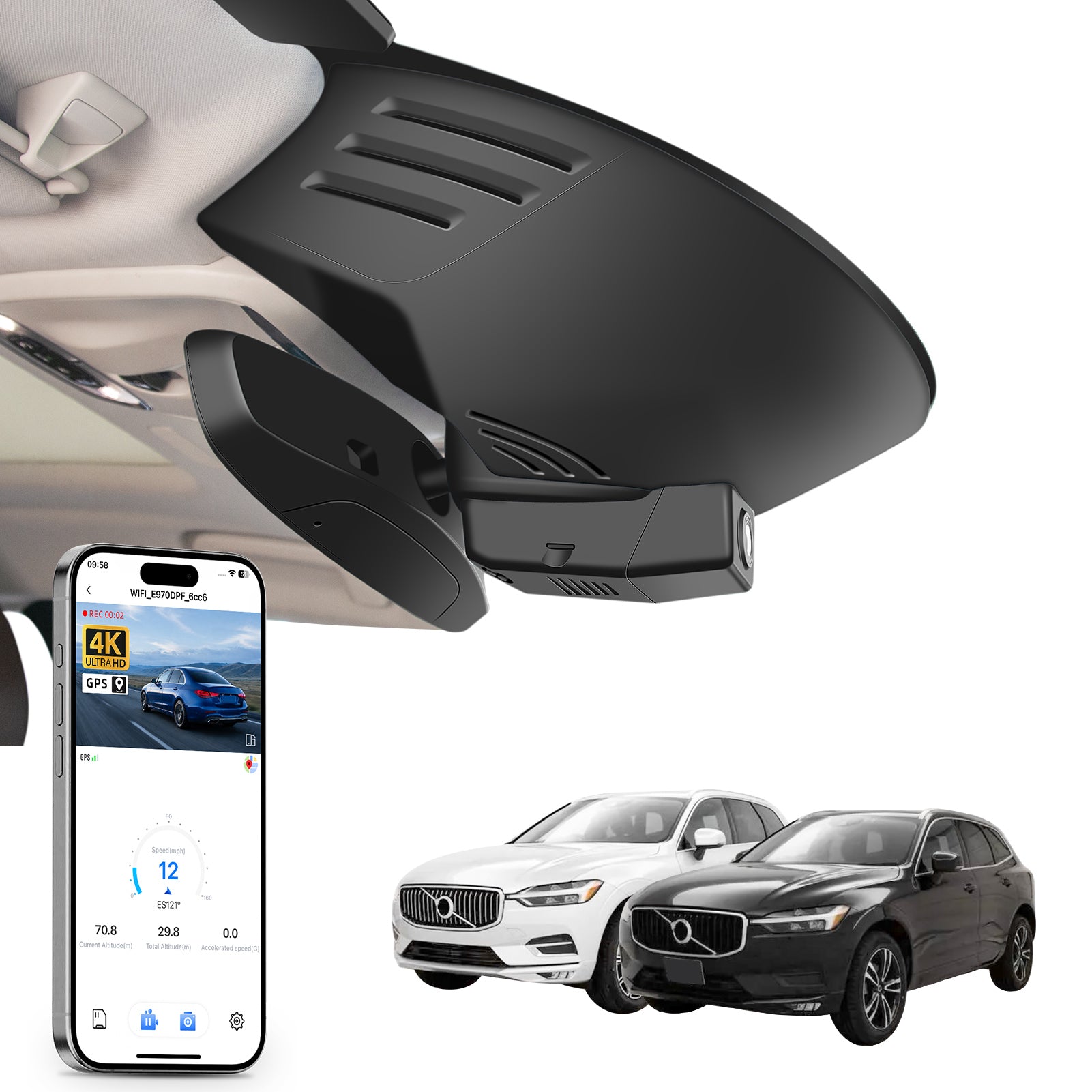 Mangoal rearview mirror built-in dash cam with smartphone app control, 4K Ultra HD recording, GPS tracking, and Volvo XC60 models in the background.