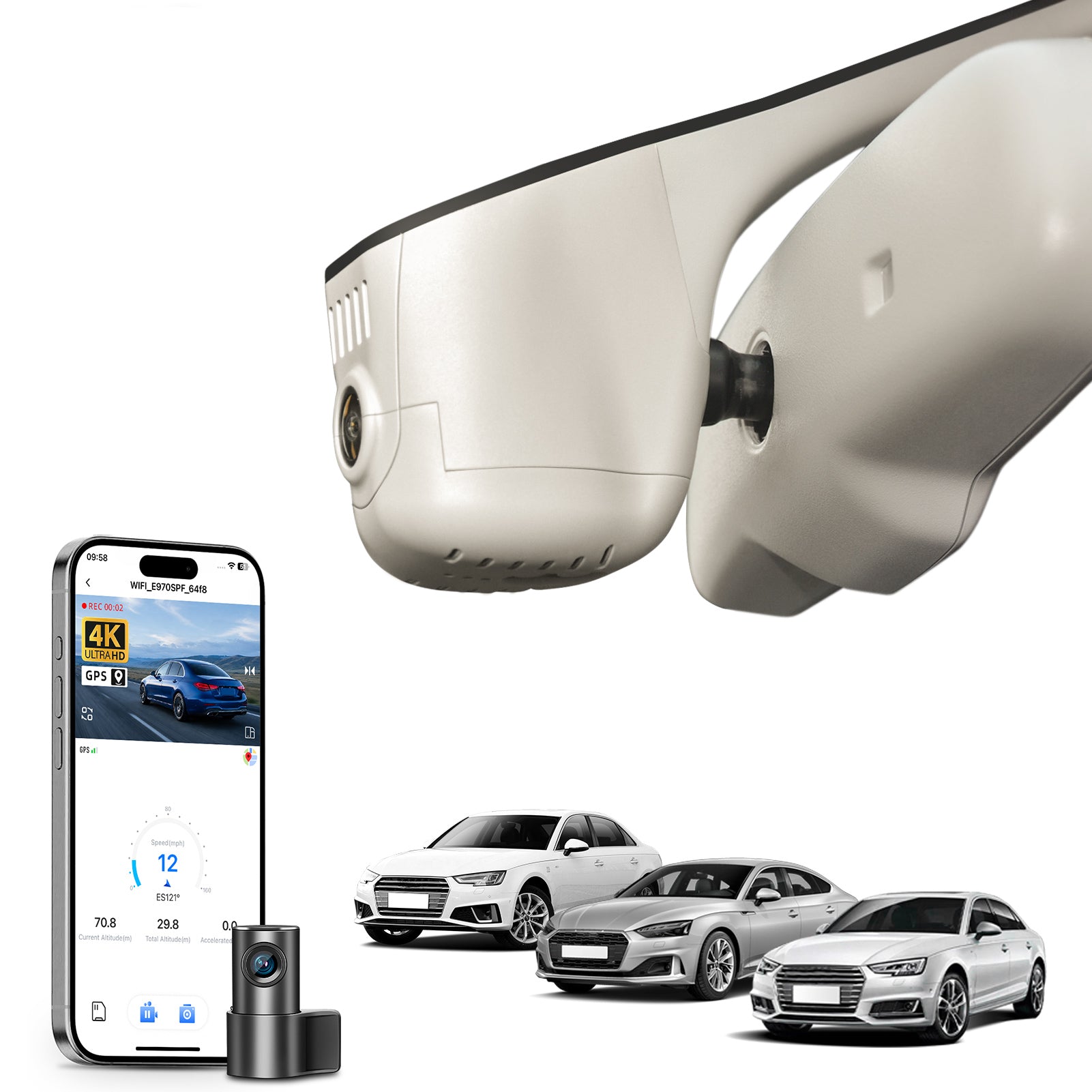 Mangoal 2 channel dash cam with STARVIS sensor, features smartphone app control, front 4K UHD and rear Full HD recording, GPS tracking, and Audi Gray models in the background.