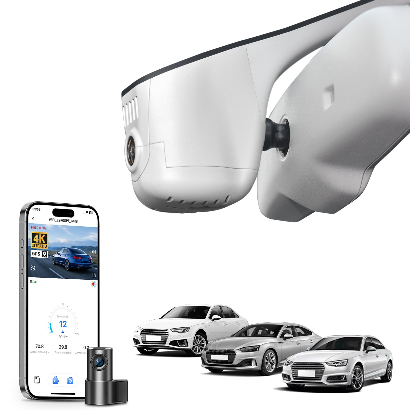 Mangoal 2 channel dash cam with STARVIS sensor, features smartphone app control, front 4K UHD and rear Full HD recording, GPS tracking, and Audi Gray models in the background.