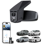 Mangoal 2 channel dash cam with STARVIS sensor, features smartphone app control, front 4K UHD and rear Full HD recording, GPS tracking, and BMW 2 Series M2 models in the background.