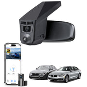 Mangoal 2 channel dash cam with STARVIS sensor, features smartphone app control, front 4K UHD and rear Full HD recording, GPS tracking, and BMW 3 Series Gen6 models in the background.
