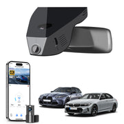 Mangoal 2 channel dash cam with STARVIS sensor, features smartphone app control, front 4K UHD and rear Full HD recording, GPS tracking, and BMW 3 Series Gen7 models in the background.